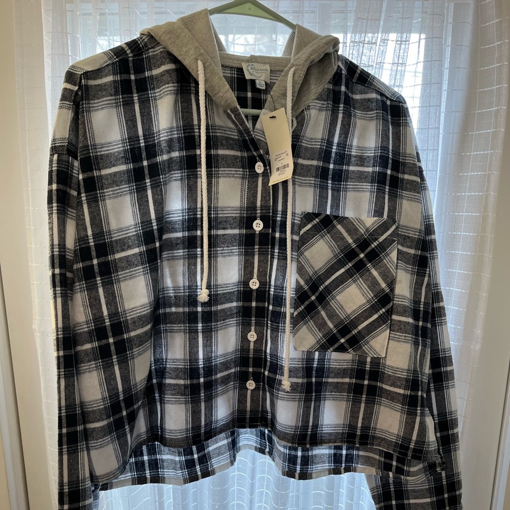 NWT BLUE RAIN FRANCESCA’S BLUE WHITE PLAID HOODED SHIRT